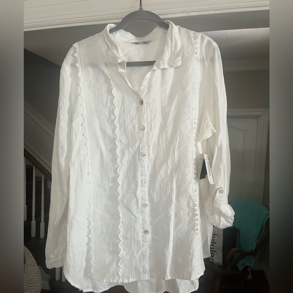 John Mark linen NWT top womens OX tuxedo boho resort Lagenlook engraved buttons - Picture 4 of 15